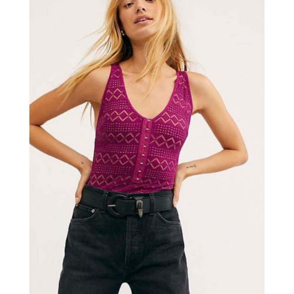 Free People Thank You Never Thong Bodysuit Eyelet Magenta Pink Top XS NEW